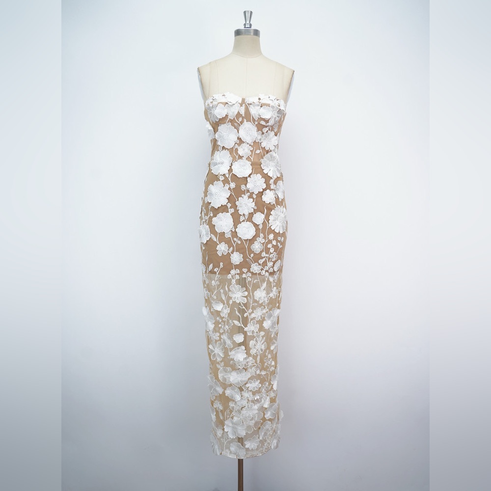Bronx and Banco White Floral Appliqué Nude Strapless Maxi Dress - Picture 6 of 16